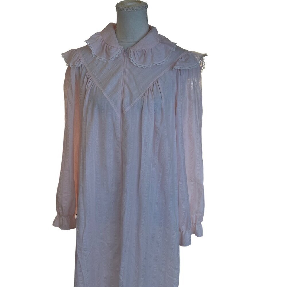 CJS Vintage Long-Sleeve Front Zip Nightgown Ruffled Collar Baby Pink Victorian M